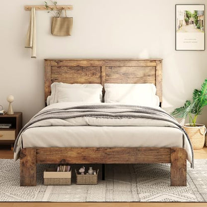 NNOOTK Wood Queen Size Bed Frame with Headboard and Footboard, Dark Brown, view 2