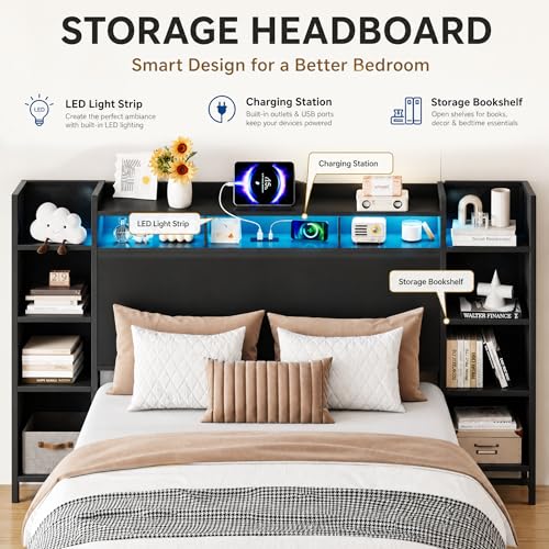 Metal Floating Bed Frame with Storage MDF Headboard and Bookcase for Bedroom, view 4