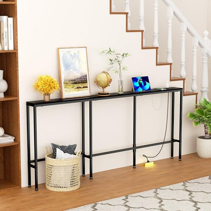 L Shaped 78" Narrow Console Sofa Table with Built-in Power Strip (2 AC Outlets & 2 USB Ports) – 4.9ft Power Cord, Metal Frame, Easy Assembly, Ideal for Behind Couch, Hallway (Black, 78IN)