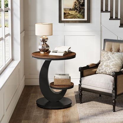 Tribesigns Round End Table, 2 Tiers Side Table with Storage Shelf, Sofa Side Bedside Nightstand with Wood Metal Arc-Shaped Frame for Small Spaces, Living Room, Bedroom, Easy to Assemble, Brown (1PCS)
