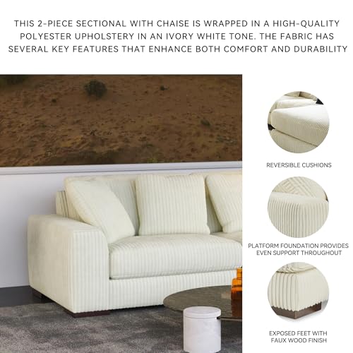 Signature Design by Ashley Lindyn Sectional Couch with Chaise, Cloud-Like Plush Seating, Velvet Upholstery with Cord Texture, Contemporary Living Room Furniture, Ivory, 99"W x 70"D