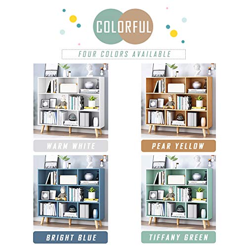 IOTXY Wooden Open Shelf Bookcase - 3-Tier Bookshelf with Leg, Tiffany-Green | Nordic Minimalist Style, MDF Material, Raised Solid Wood Legs, 8 Storage Cubes Display, Floor-Standing Cabinet Organizer