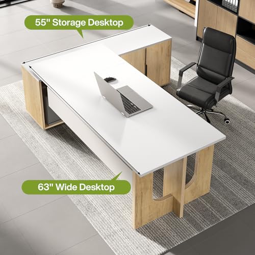 74-Inch Executive L-Shaped Desk with Storage Cabinet & Shelves, view 6