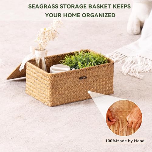 Wicker Storage Basket with Lid,Seagrass Shelf Basket Set of 3,Natural, view 7