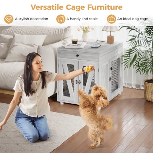 Wooden Dog Crate End Table with USB Charging Station, Gray, view 5