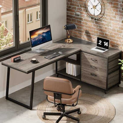 Tribesigns 53" L Shaped Office Desk, Reversible Corner Computer Desk with 3 File Drawers and 2 Storage Shelves for Home Office, Study, Gaming Room (Grey)