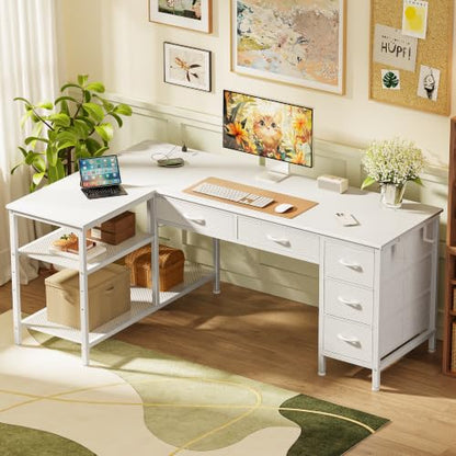 55 Inch L Shaped Desk with Power Outlets, 5 Fabric Drawers, view 3