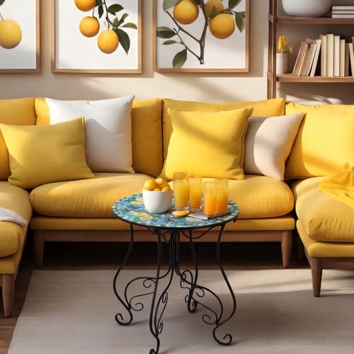 14 Inch Lemon Small Outdoor Patio Side Table Lemon Round Mosaic Side Table Accent Indoor End Plant Metal Coffee Tea Furniture for Yard Porch Garden Living Room Bedroom