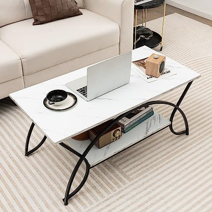 2-Tier Rectangular Coffee Table, Faux Marble Table with Open Storage Shelf, Black Finished Metal Frame, Modern Center Table for Living Room, Reception Room (White+Black)