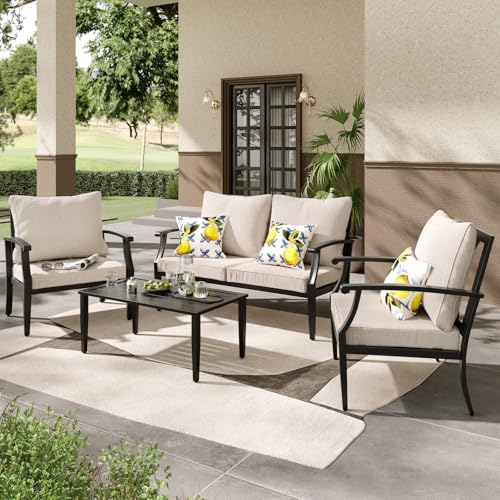 4 Pieces Patio Furniture Set w/loveseat,Coffe Table,Outdoor Conversation Metal Sofa with High Back and Thick Cushion,for Backyard,Garden,Beige