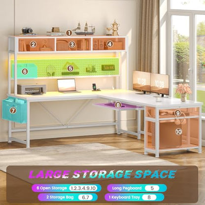 White L Shaped Gaming Desk with Hutch, Power Outlet and Pegboard, view 7