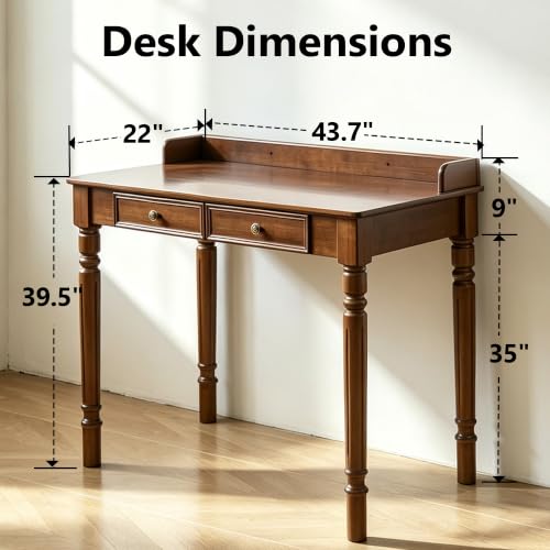 Walnut Writing Desk with Drawers, 44" X22" Solid Wood Desk for Small Spaces, view 3