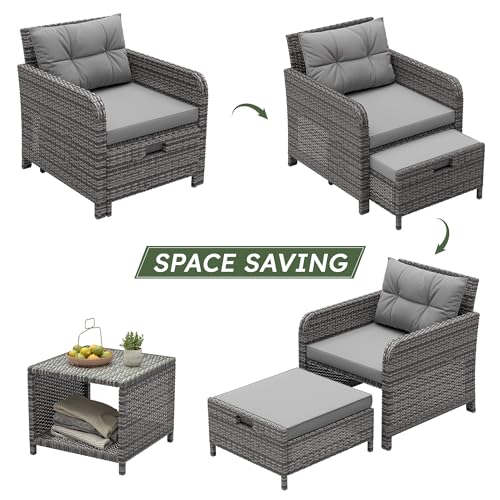 Balcony Furniture Set 5 Piece Patio Conversation Set, PE Wicker Outside Furniture with Soft Cushions & Coffee Table, Outdoor Lounge Chairs with Ottoman for Porch, Lawn, Balcony, Grey-Grey