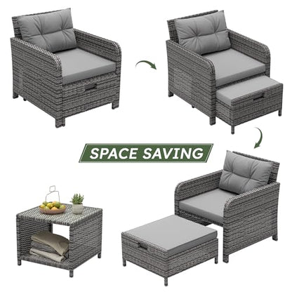Balcony Furniture Set 5 Piece Patio Conversation Set, PE Wicker Outside Furniture with Soft Cushions & Coffee Table, Outdoor Lounge Chairs with Ottoman for Porch, Lawn, Balcony, Grey-Grey