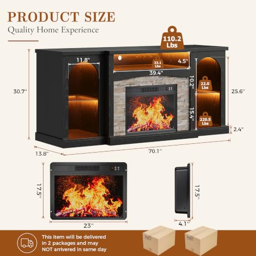 70'' Black Electric Fireplace TV Stand Entertainment Center with Fireplace for, view 3