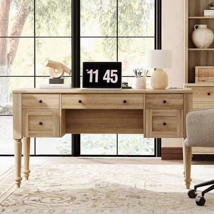 Farmhouse Executive Desk with Drawers, 56 Inch Writing Desk, Oak, view 4