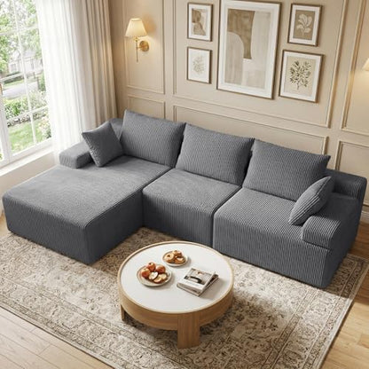 108" Boneless Sectional Couch,Corduroy Cloud Couch Sectional for Living Room,Modern L Shaped Modular Sectional Couch,3 Seater Sofa (Dark Gray, 108.9" L Shaped with Left Facing Chaise)
