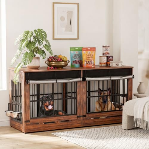 Double Dog Crate Furniture, Indoor Dog Kennel Vintage Brown, view 2