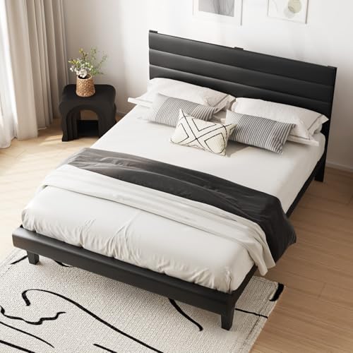 Upholstered Bed Frame Queen, Faux Leather Platform Bed with Adjustable Headboard, view 7