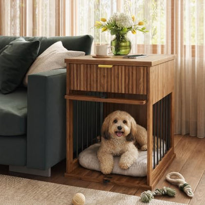 Dog Crate Furniture End Table for Small Dogs with Charging Station (Brown), view 4