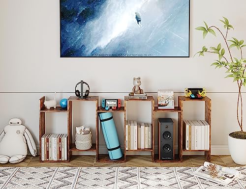 Geometric Bookcase, Bookshelf 6-Tier S Shaped Book Shelves for Bedroom, Modern Wood Decorative Display Shelf Tall Book Case for Home Office, Rustic Brown