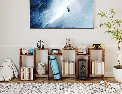 Geometric Bookcase, Bookshelf 6-Tier S Shaped Book Shelves for Bedroom, Modern Wood Decorative Display Shelf Tall Book Case for Home Office, Rustic Brown