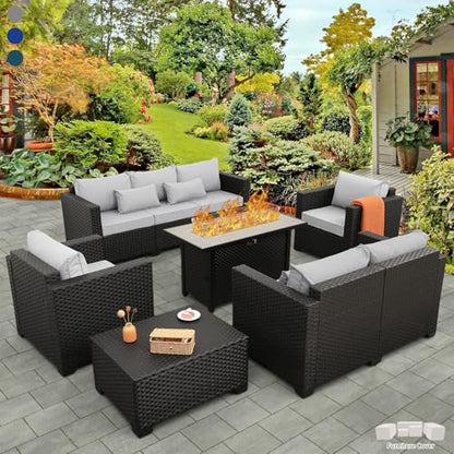 6 Pcs Outdoor Furniture Sets Patio Furniture Set with 45" Fire Pit Patio Couch Outdoor Chairs 60000 BTU Steel Propane Fire Pit Table No-Slip Cushions and Waterproof Covers, Light Grey