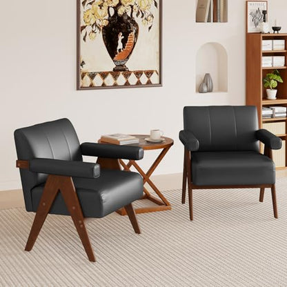 Mid Century Modern Accent Chair Set of 2, Black Leather Office Reading Accent Chairs, Small Comfy Side Arm Chairs for Living Room Bedroom, Wood Arms (2, Black)