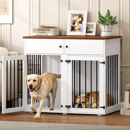 Large Dog Crate Furniture, 41 Inch Double Door Dog Kennel, White, view 2
