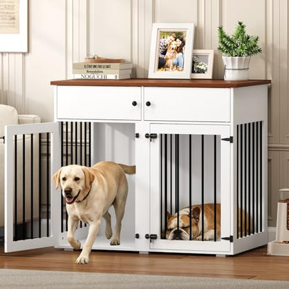 Large Dog Crate Furniture, 41 Inch Double Door Dog Kennel, White, view 2