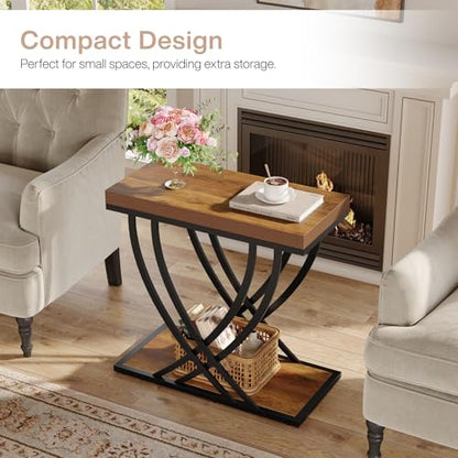 Tribesigns Side Table, 2-Tier Narrow End Table for Living Room, Industrial Nightstand with Metal Frame, Small Bedside Tables for Bedroom, Sofa Couch, Small Spaces, Rustic Brown