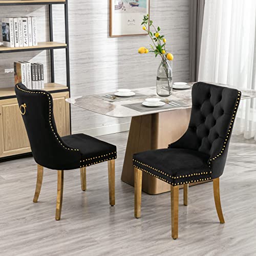 Solid Wood Velvet Upholstered Dining Chair with Golden Stainless Steel Plating Legs,Contemporary Design W/Nailhead Trim,Set of 2,for Living Room,Apartment,Black and Gold