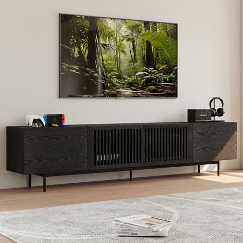 Full Assembled Mid-Century Modern TV Stand with Slatted Doors, Wood Media Console for 80 85+ Inch TV, TV Console with Tall-cast Metal Legs, Entertainment Center with Storage for Living Room