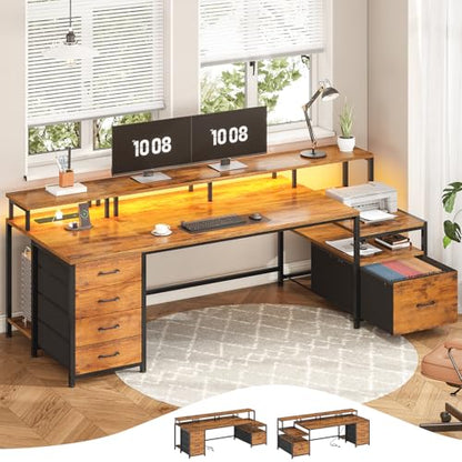 Home Office Desk with File Drawer & Power Outlet, 75'' Large Computer Desk with 5 Drawer, Storage Shelves, Monitor Shelf and Led Lights, 23.6" W Desktop Gaming Desk, Rustic Brown