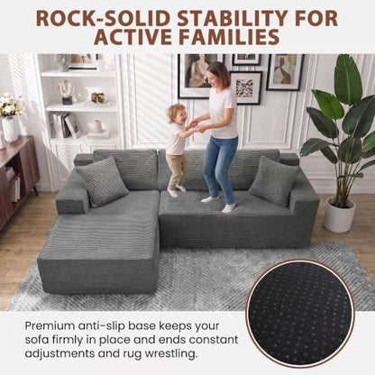 110" Boneless Sectional Couch, Modular Sectional Sofa L-Shape Couch with Deep Seat, Cloud Comfy Boneless Couch for Living Room, No Assembly Required (Corduroy, Grey)