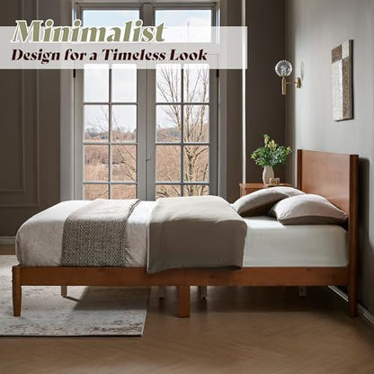 Solid Wood Queen Bed Frame, Mid Century Bed with Headboard, Brown, view 7