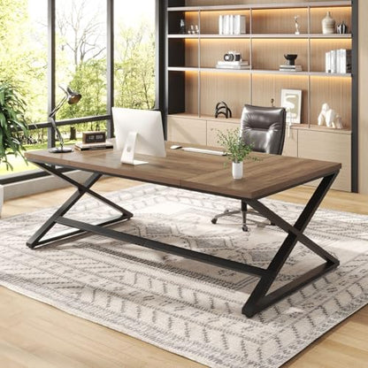 Wood Large Computer Desk, 70.8” Long Home Office Desk for Two Person, Farmhouse Work Study Writing Table in Bedroom, Simple Wide Metal Executive Double PC Gaming Workstation, Rustic Oak