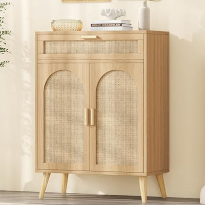 Rattan Sideboard Buffet Cabinet with Storage, Boho Sideboard with Drawer & Adjustable Shelf, Kitchen Floor Cabinet with 2 Doors & Solid Wood Feet, Coffee Bar for Entryway, Living Room, Natural Oak