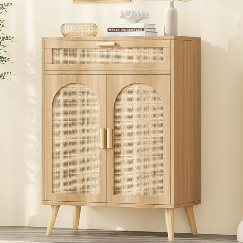 Rattan Sideboard Buffet Cabinet with Storage, Boho Sideboard with Drawer & Adjustable Shelf, Kitchen Floor Cabinet with 2 Doors & Solid Wood Feet, Coffee Bar for Entryway, Living Room, Natural Oak