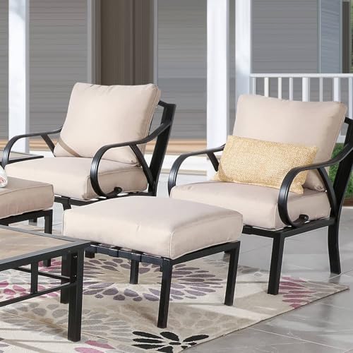 Patio Ottoman Metal Foot Stool Outdoor Ottoman with 5.9" Thick Beige Cushion, 22.4" W x 22.4" D x 18.1" H