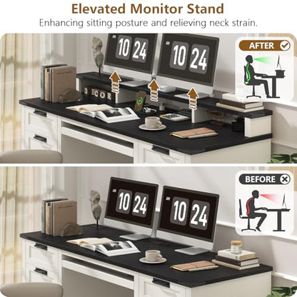 60" Farmhouse Executive Desk with 8 Drawers, Wood Computer Desk with Keyboard Tray and Charging Station, Home Office Desk Writing with File Drawer Fits A4 Size for Work and Study, White and Black