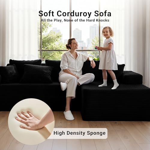 104" Boneless Couch, Cloud Couch Sectional, L-Shape Corduroy Modular Sectional Sofa Deep Seat, Upholstered Couches for Living Room, No Assembly Required, Black, Right Facing Chaise