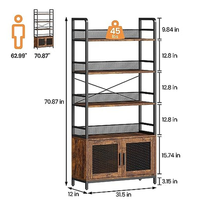 Bookshelf with Doors Industrial Bookcase with 4 Tiers Open Storage Shelf 70.87 in Tall Bookshelves Rustic Display Rack Cabinet for Bedroom, Living Room, Home Office, Brown