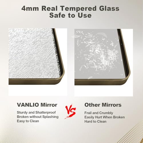 24x36 Inch Bronze Framed Bathroom Mirror, Rectangle Brushed Bronze Metal Vanity Mirror, Small Modern Wall Mirror, Rounded Corner, Tempered Glass, Anti-Rust, Shatterproof (Horizontal/Vertical)
