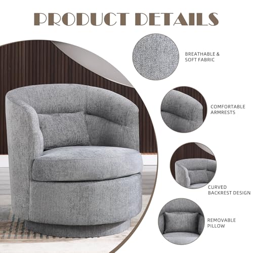 Swivel Accent Chair, 360 Degree Round Swivel Barrel Chair with Pillow, Upholstered Comfy Barrel Armchair Single Club Sofa Chair for Living Room,Bedroom, Reading Room, Dark Grey