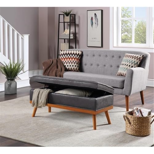 Mid-Century Storage Bench, Charcoal Faux Leather Upholstery, 43.5" W x 17.5" D x 18.5" H, Button-Tufted Design, Soft-Close Hinged Top, Tapered Solid Wood Legs, Entryway or Living Room