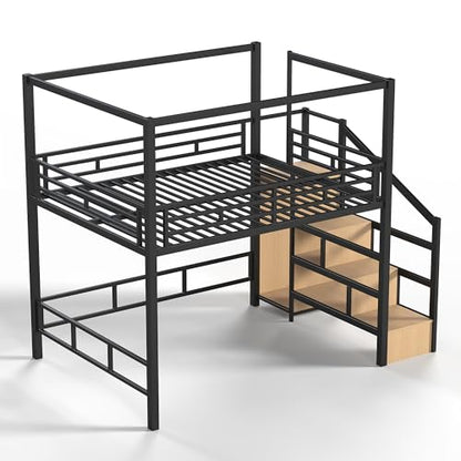 Queen loft Bed with Storage Stairs, Wardrobe, LED, Canopy Support Pole, view 7