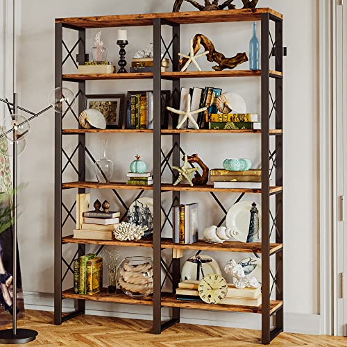 Bookshelf Double Wide 6-Tier 76" H, Open Large Bookcase, Industrial Style Shelves, Wood and Metal Bookshelves for Home Office, Easy Assembly