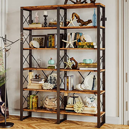 Bookshelf Double Wide 6-Tier 76" H, Open Large Bookcase, Industrial Style Shelves, Wood and Metal Bookshelves for Home Office, Easy Assembly