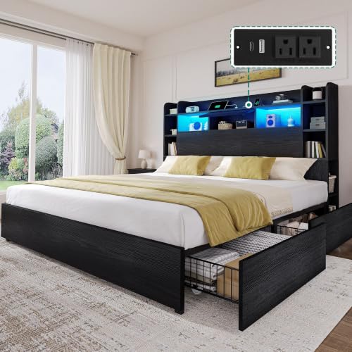 King Size Bed Frame, 51" Tall Bookcase Headboard, 4 Storage Drawer, view 2